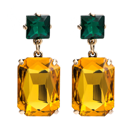 Green Square and Yellow Rectangle Crystals Drop Earrings