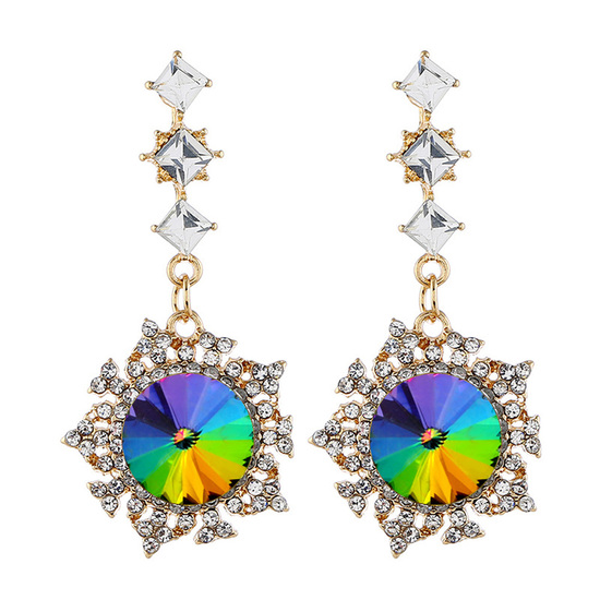 Iridescent Rainbow Crystal Flower Drop Earrings