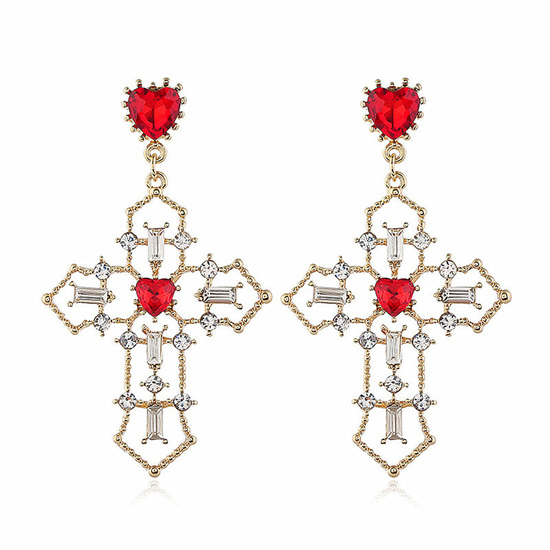 Crystal Embellished Cross with Red Heart Drop Earrings