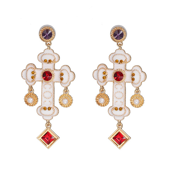 White Enamel Cross with Crystal Drop Earrings