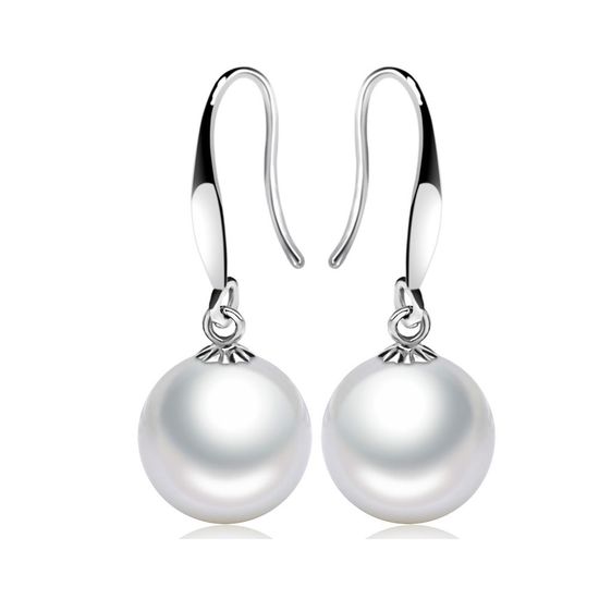 AAA White Round Freshwater Pearl with Hallmarked Sterling Silver Drop Earrings