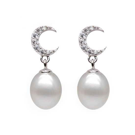 AAA White Drop Freshwater Cultured Pearl CZ Crescent Hallmarked Sterling Silver Earrings
