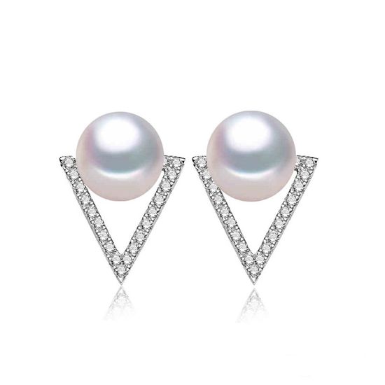 AAA White Button Freshwater Cultured Pearl CZ Triangle Hallmarked Sterling Silver Stud Earrings