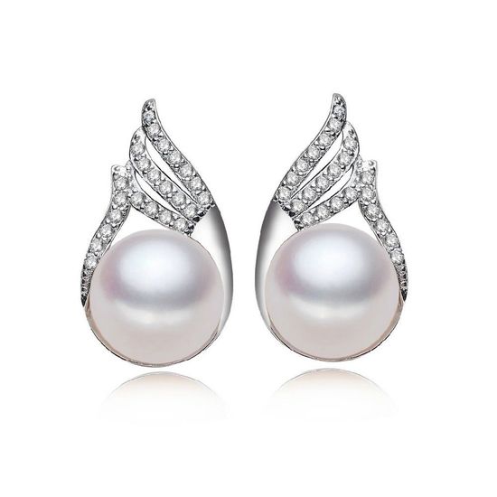 AAA White Button Freshwater Cultured Pearl CZ Wing Hallmarked Sterling Silver Stud Earrings