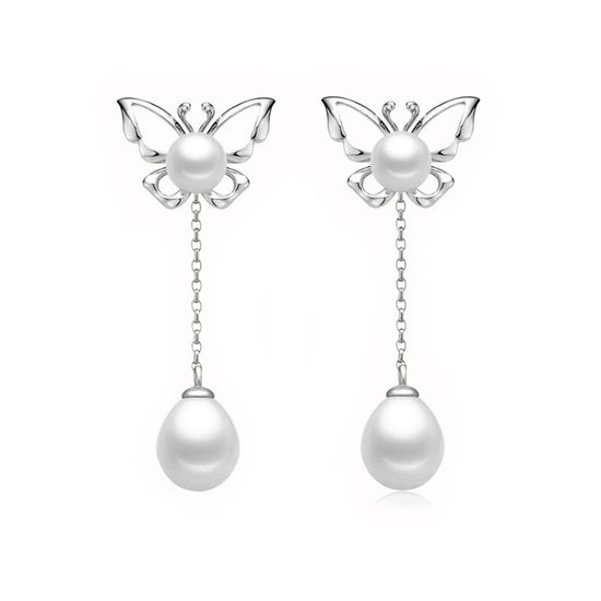 AAA White Freshwater Cultured Pearl Butterfly Hallmarked Sterling Silver Dangle Earrings