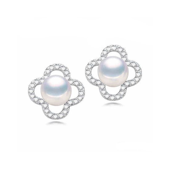 AAA White Freshwater Cultured Pearl CZ Flower Hallmarked Sterling Silver Stud Earrings