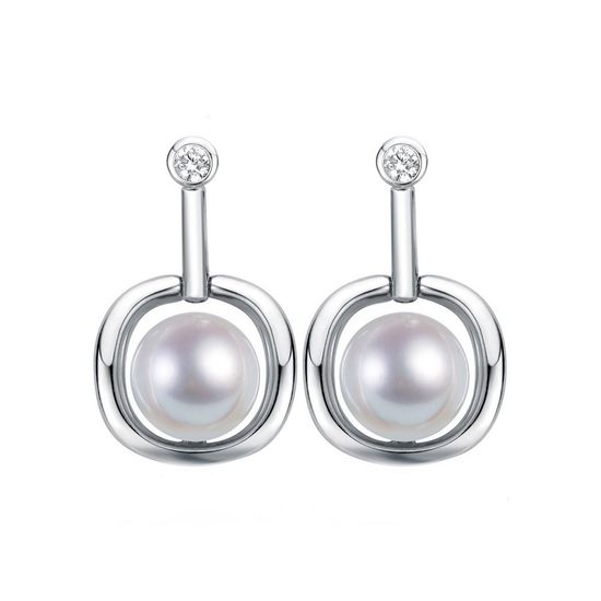 AAA White Freshwater Cultured Pearl Cubic Zirconia Hallmarked Sterling Silver Drop Earrings