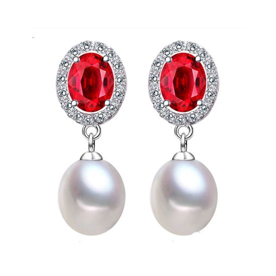 AAA White Freshwater Cultured Pearl Red Oval CZ...