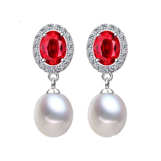 AAA White Freshwater Cultured Pearl Red Oval CZ Hallmarked Sterling Silver Drop Earrings