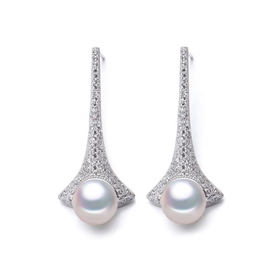 AAA White Freshwater Cultured Pearl CZ Hallmarked Sterling Silver Drop Stud Earrings