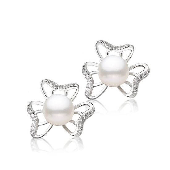 AAA White Freshwater Cultured Pearl CZ Clover Flower Hallmarked Sterling Silver Stud Earrings