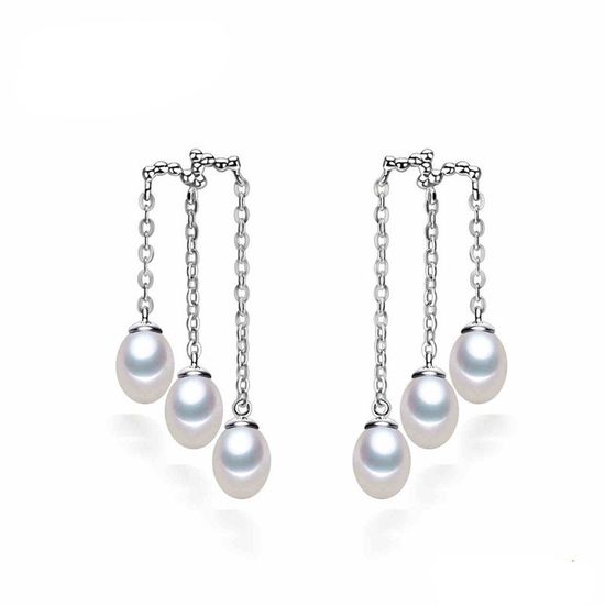 AAA White Freshwater Cultured Pearl Triple Chain Hallmarked Sterling Silver Drop Earrings