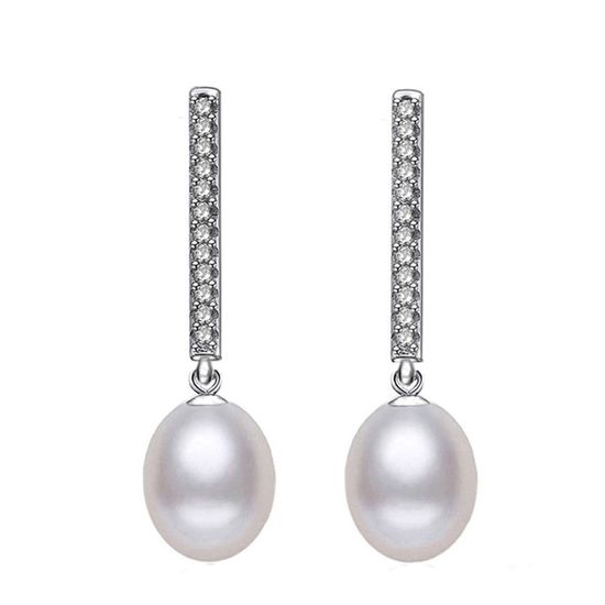 AAA White Freshwater Cultured Pearl CZ Bar Hallmarked Sterling Silver Drop Stud Earrings