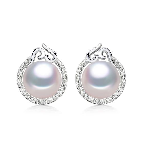 AAA White Freshwater Cultured Pearl CZ Swirl Hallmarked Sterling Silver Stud Earrings
