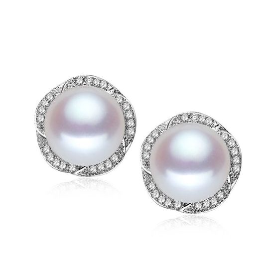 AAA White Freshwater Cultured Pearl CZ Flower Hallmarked Sterling Silver Stud Earrings