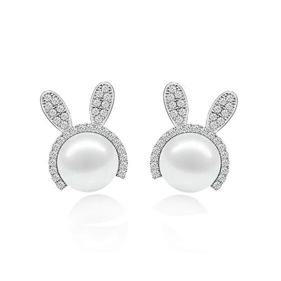 AAA White Freshwater Cultured Pearl CZ Bunny Hallmarked Sterling Silver Stud Earrings