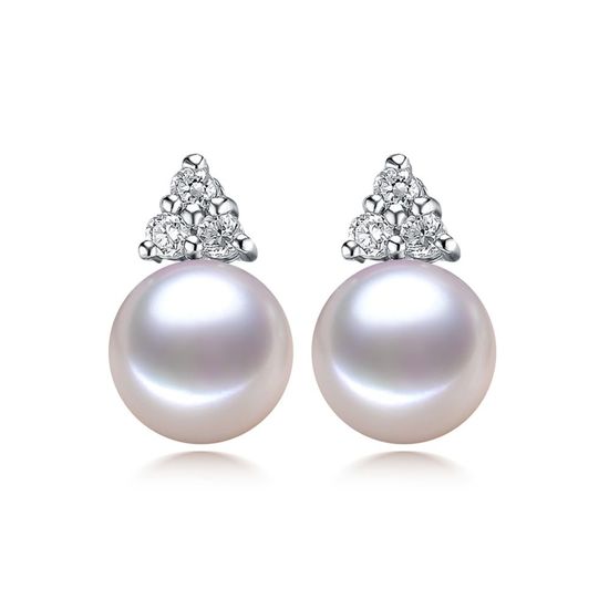 AAA White Freshwater Cultured Pearl CZ Triangle Hallmarked Sterling Silver Stud Earrings