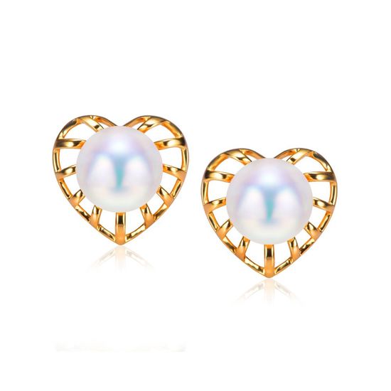 AAA Round White Akoya Pearl Heart Hallmarked 18ct Yellow Gold Stud Earrings