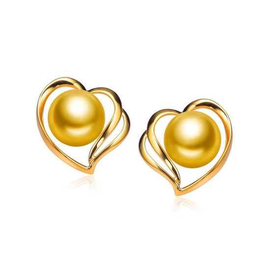AAA Round Light Golden Akoya Pearl Heart Hallmarked 18ct Yellow Gold Stud Earrings