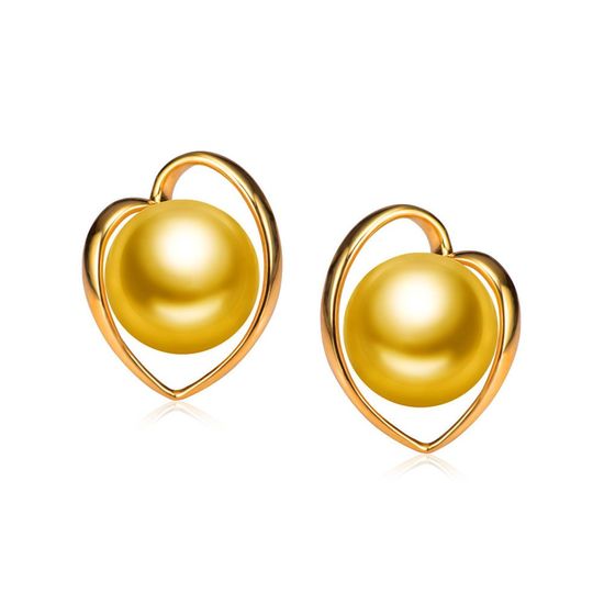 AAA Round Light Golden Akoya Pearl Heart Hallmarked 18ct Yellow Gold Stud Earrings