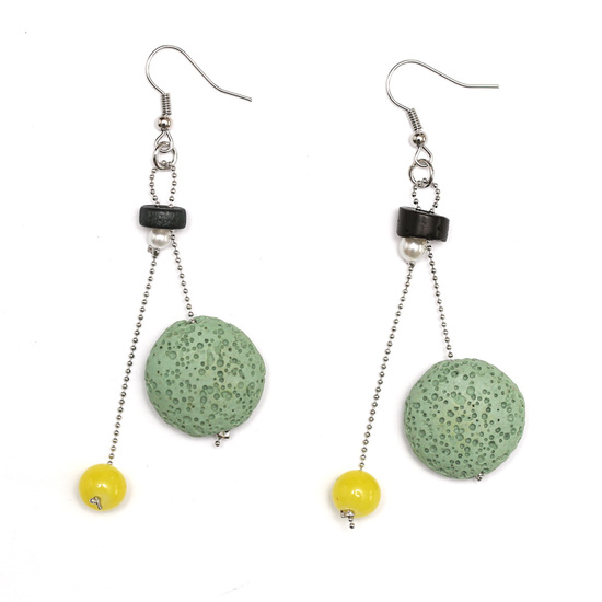 Pale green lava beads with wooden and acrylic beads drop earrings