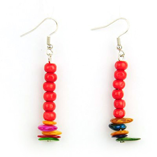 Red Wooden Beads Drop Earrings with Colorful Shell Beads