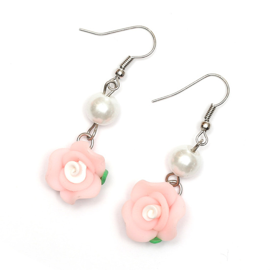 Baby Pink Flower Polymer Clay Drop Earrings with White Glass Pearl Beads 