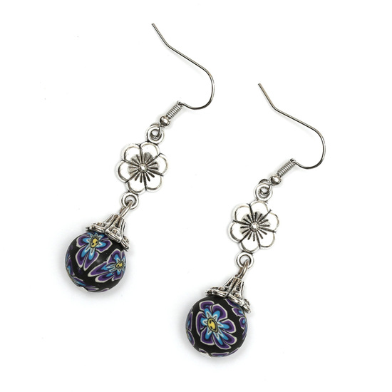 Handmade Midnight Blue Flower Pattern Polymer Clay Drop Earrings with Tibetan Style Connectors and Bead Caps 