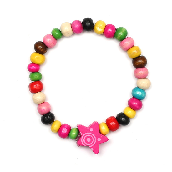 Elastisches Kinderarmband mit bunten Perlen und rosa Stern aus Holz