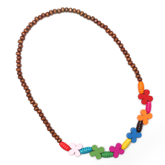 Sienna Wooden Beads and Colorful Wooden Flowers Stretchy Necklace for Kids