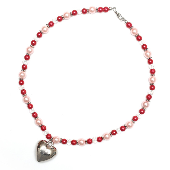 Crimson Acrylic Imitated Pearl Necklace for Kids with Glass Beads, CCB Acrylic Heart Pendant and Alloy Lobster Claw Clasp