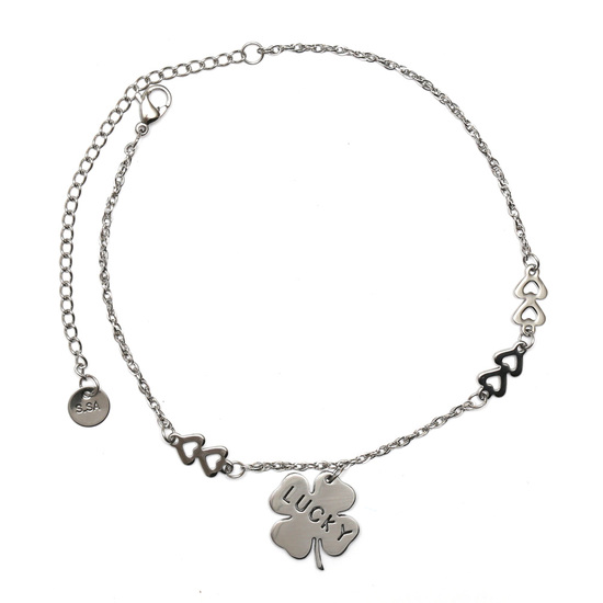 Fashionable 304 Stainless Steel Lucky Clover Charm Anklets with Lobster Claw Clasp
