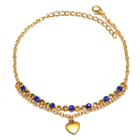 Antique golden tone anklet with sapphire rhinestone and heart charm 