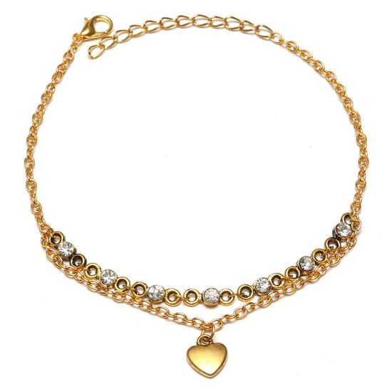 Antique golden tone anklet with crystal rhinestone and heart charm 