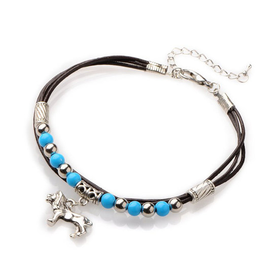 Tibetan silver anklet with black cowhide leather and lion charm