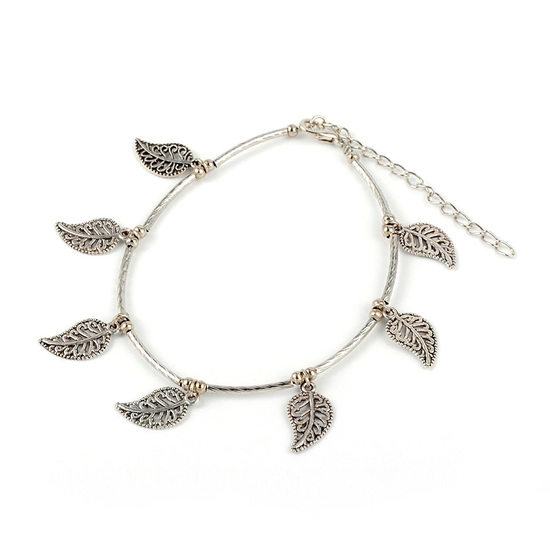 Antique silver-tone tube bead anklet with leaf...
