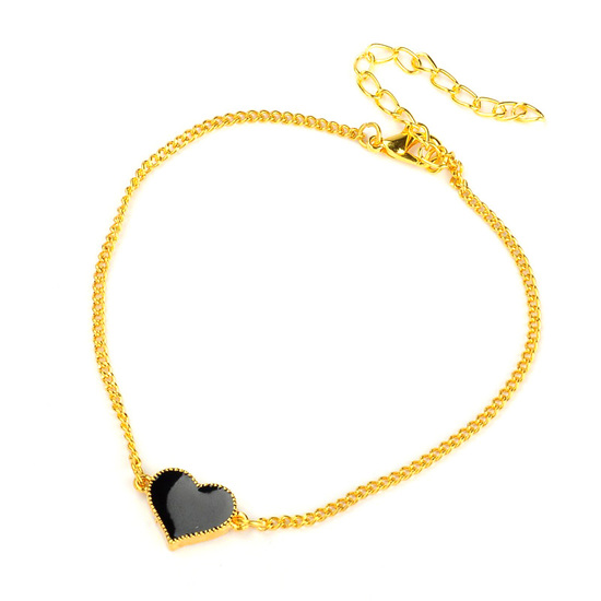Gold-tone chain anklet with black enamel heart charm