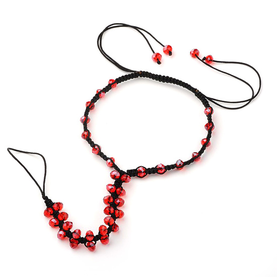 Red shamballa style toe ring anklet with nylon thread cord and glass abacus beads
