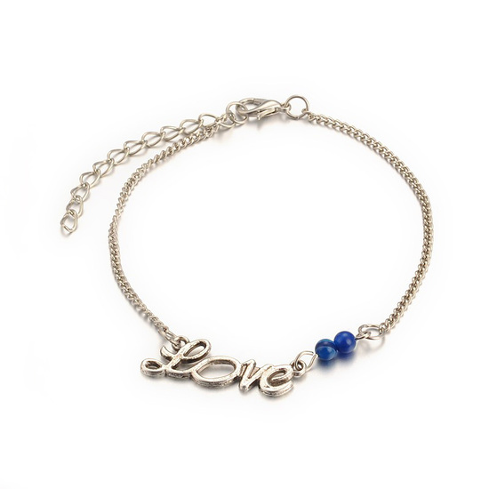 Antique silver-tone chain anklet with LOVE charm and blue natural striped agate
