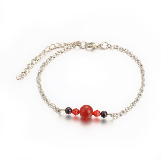 Silver-tone chain anklet with natural red agate and glass bead