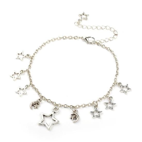 Antique silver-tone chain anklet with star and crescent charms