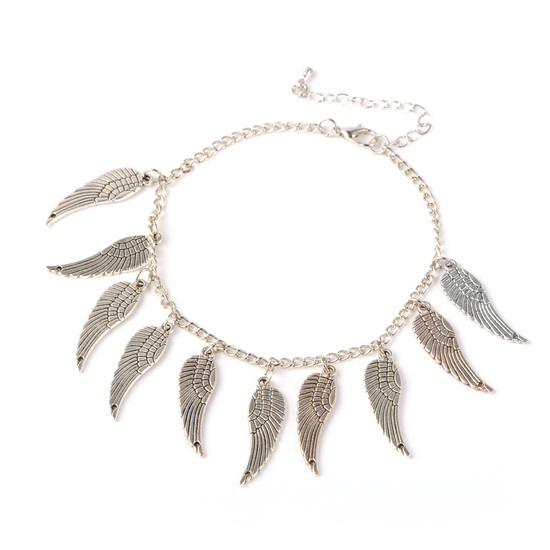 Antique silver-tone chain anklet with angel wing charms