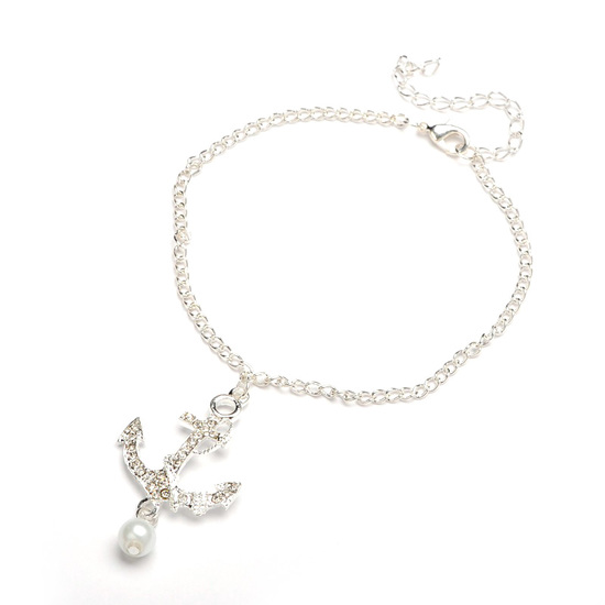 Silver-plated anchor with grade A rhinestone and glass pearl chain anklet