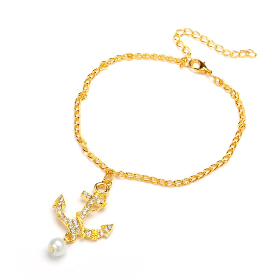 Gold-plated anchor with grade A rhinestone and glass pearl chain anklet