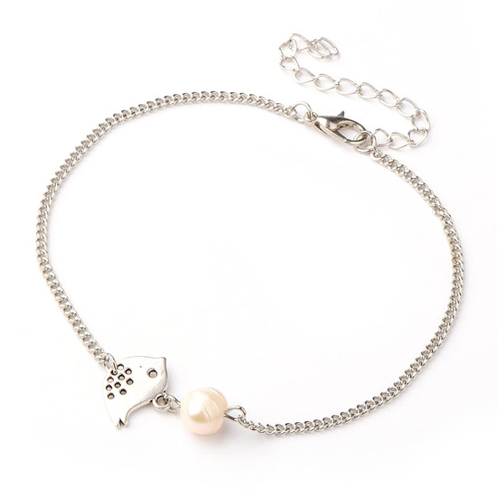 Antique silver-tone chain anklet with bird charm and pearl bead