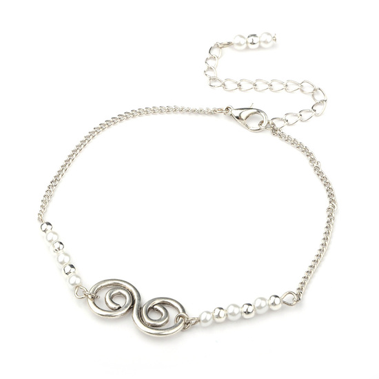 Silver-tone vortex anklet with white glass pearl bead