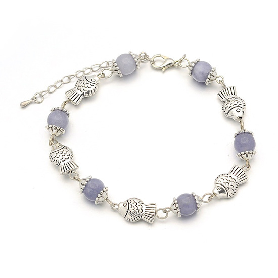 Tibetan style anklet with fish charm and natural aquamarine beads