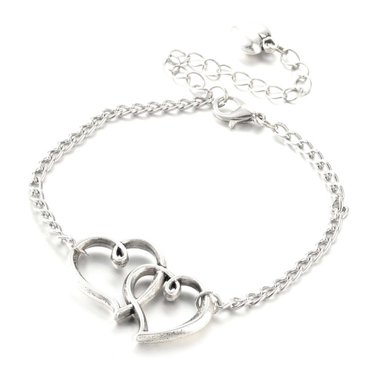 Antique silver-tone double open heart charm anklet