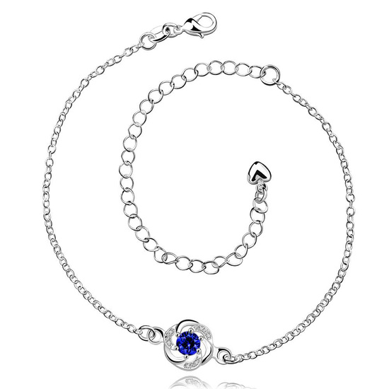 Lovely blue cubic zirconia flower with heart charm silver plated chain anklet