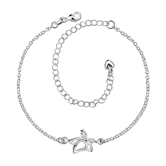 Lovely clear cubic zirconia butterfly with heart charm silver plated chain anklet